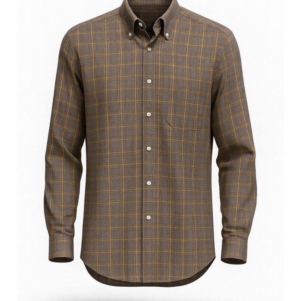 Peter Millar Shirt Mens Size Medium Brown Yellow Plaid Crown Logo Button Down